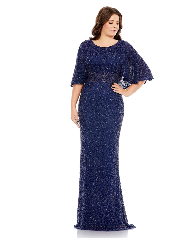 Front of a model wearing a size 14W Embellished Cape Sleeve Gown in Midnight by Mac Duggal. | dia_product_style_image_id:289979